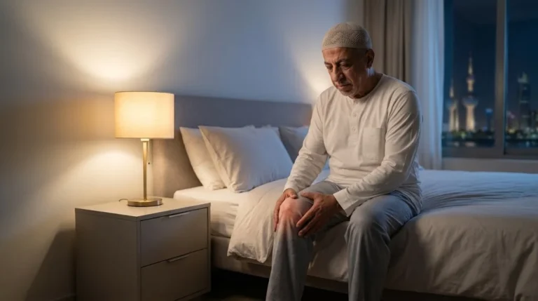 Man experiencing knee pain at night while sitting on the edge of the bed