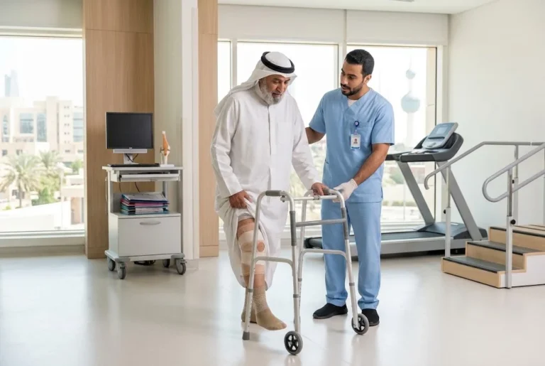 Patient walking after same-day knee replacement in Kuwait