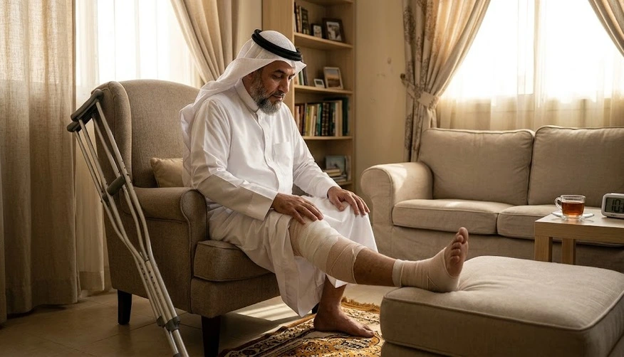 Un homme saoudien en tenue traditionnelle assis dans son salon, sa legere convalescence après une chirurgie du genou illustrée par un genou bandé posé sur un repose-pieds près d'un tapis de prière.