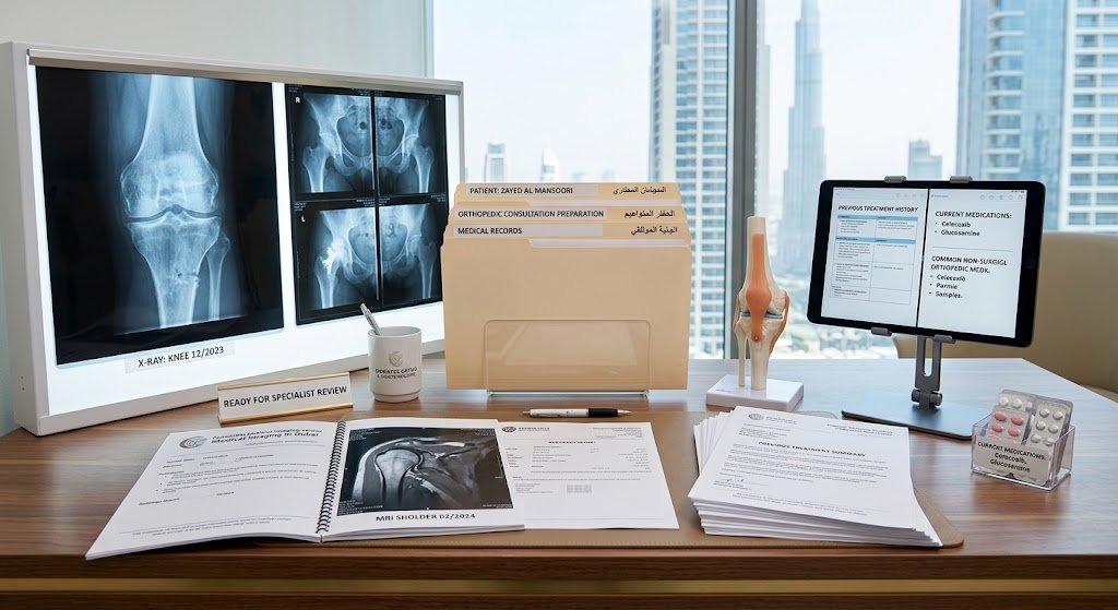 Orthopedic consultation in Dubai with medical records and knee model