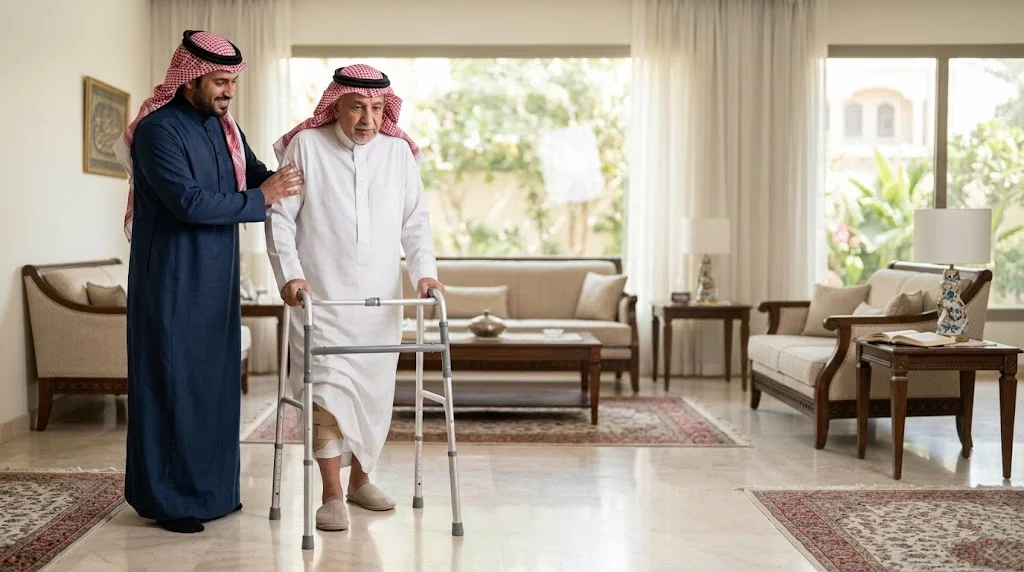 مرافق عائلي سعودي يساعد مريضًا بعد جراحة استبدال المفصل