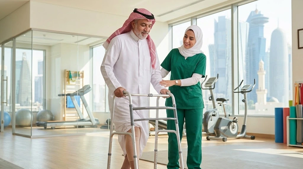 Patient undergoing physiotherapy after knee replacement surgery in Qatar