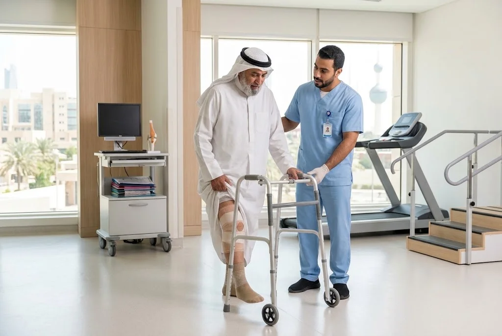Patient walking after same-day knee replacement in Kuwait